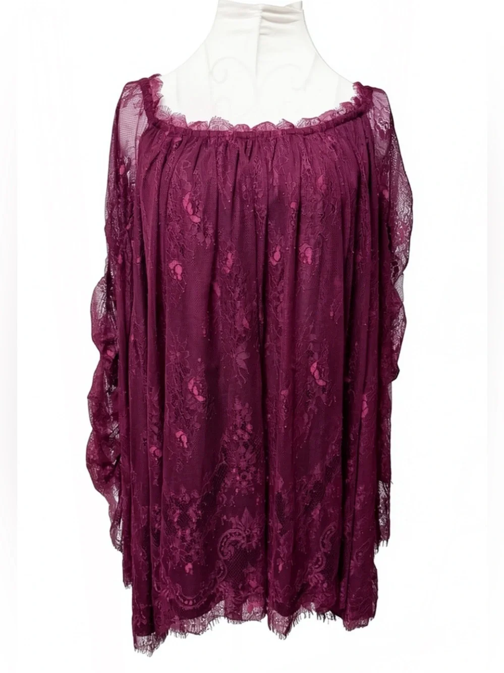 Free People Purple Lace Off The Shoulder Tunic Dress Ruched Cape Sleeve NWOT S